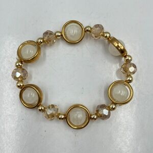 Vintage Gold Tone Halo White Stone Stretch Bracelet Champagne Crystal Retro